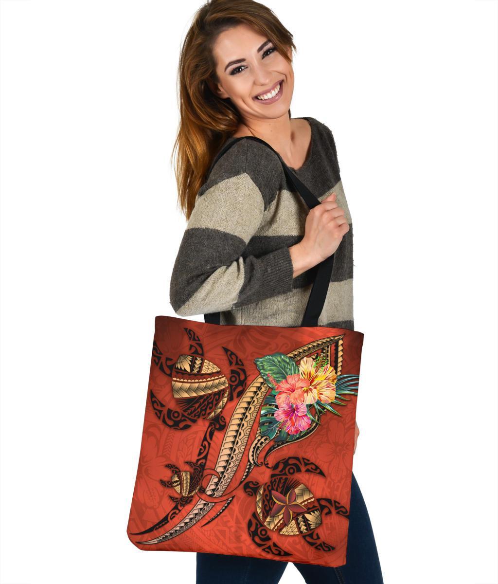 Polynesian Turtle Tote Bag - Tribal Tattoo with Hibiscus Coral - Polynesian Pride