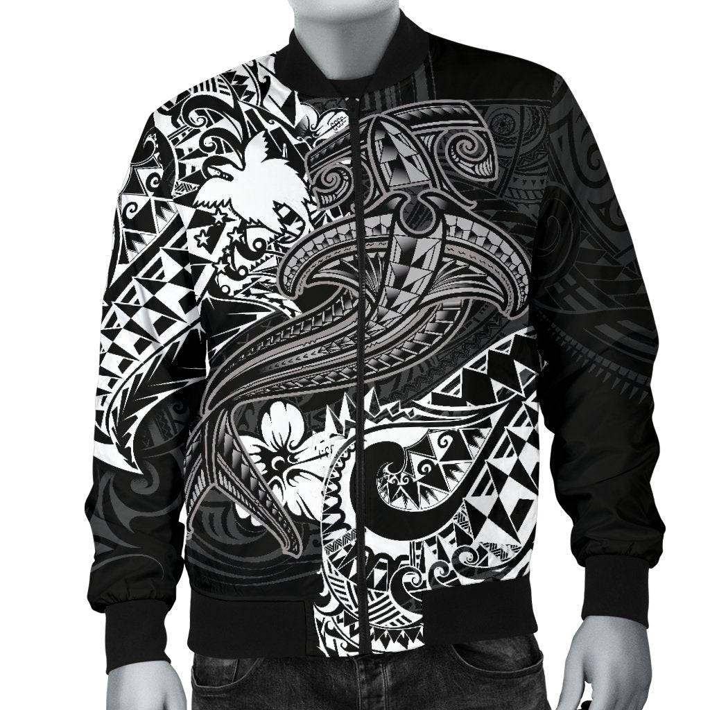 Papua New Guinea Men's Bomber Jacket - White Shark Polynesian Tattoo - Polynesian Pride