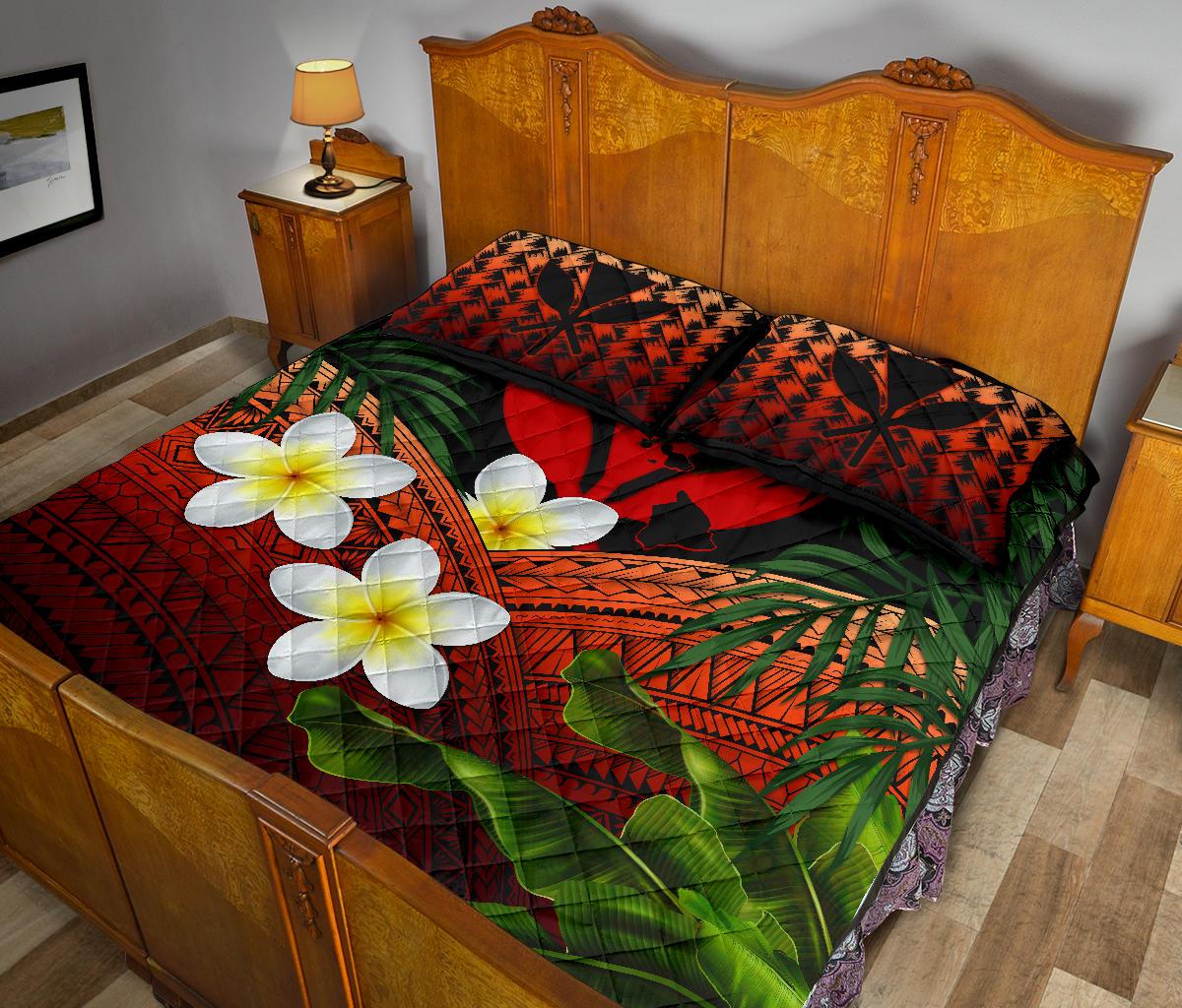 Kanaka Maoli (Hawaiian) Quilt Bed Set, Polynesian Plumeria Banana Leaves Red - Polynesian Pride