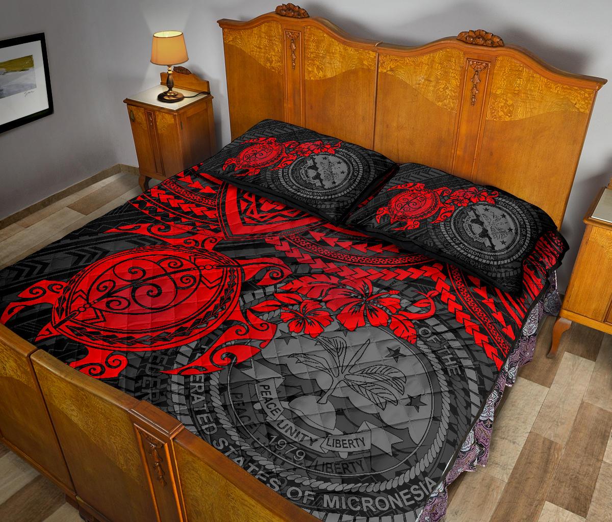 Federated States Of Micronesia Quilt Bed Set - Federated States Of Micronesia Seal & Red Turtle Hibiscus - Polynesian Pride