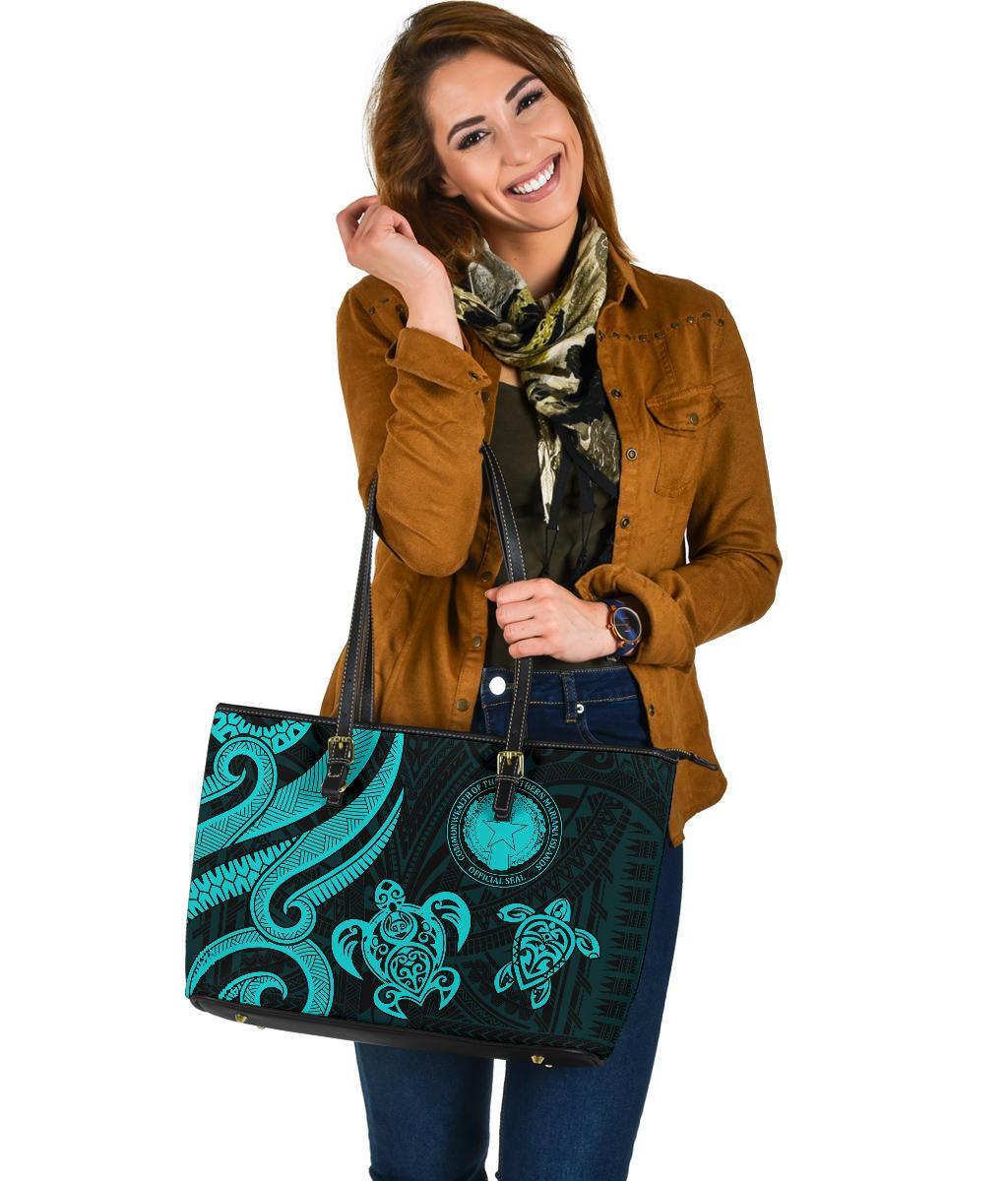 Northern Mariana Large Leather Tote Bag - Tentacle Turtle Turquoise - Polynesian Pride