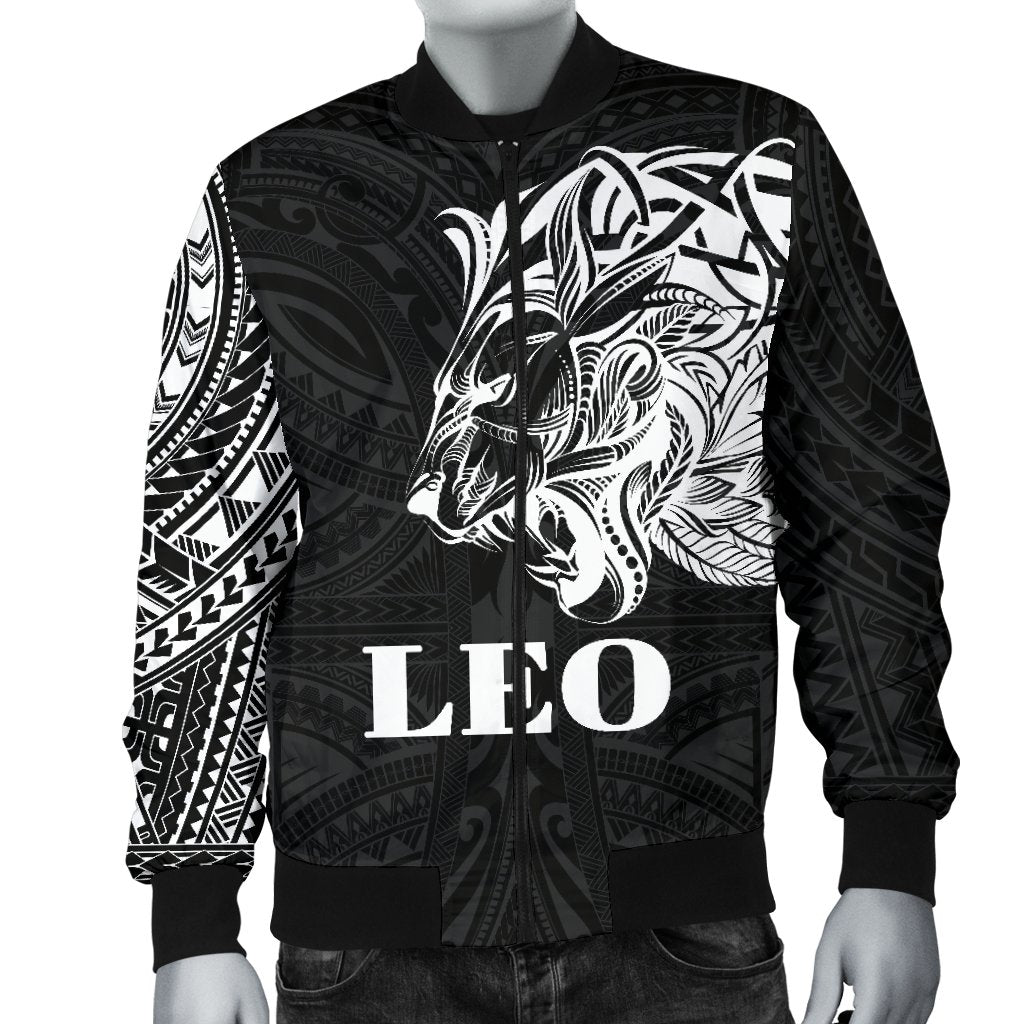 Sun In Leo Zodiac Men Bomber Jacket Polynesian Tattoo Simple - White - Polynesian Pride