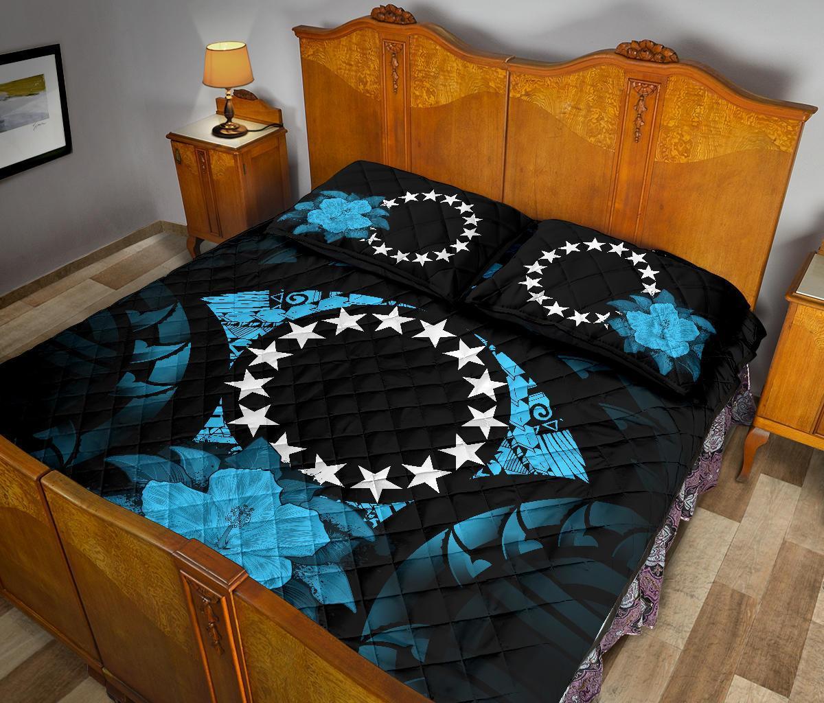 Cook Islands Polynesian Quilt Bed Set Hibiscus Blue - Polynesian Pride