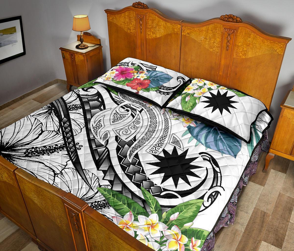 Nauru Polynesian Quilt Bed Set - Summer Plumeria (White) - Polynesian Pride