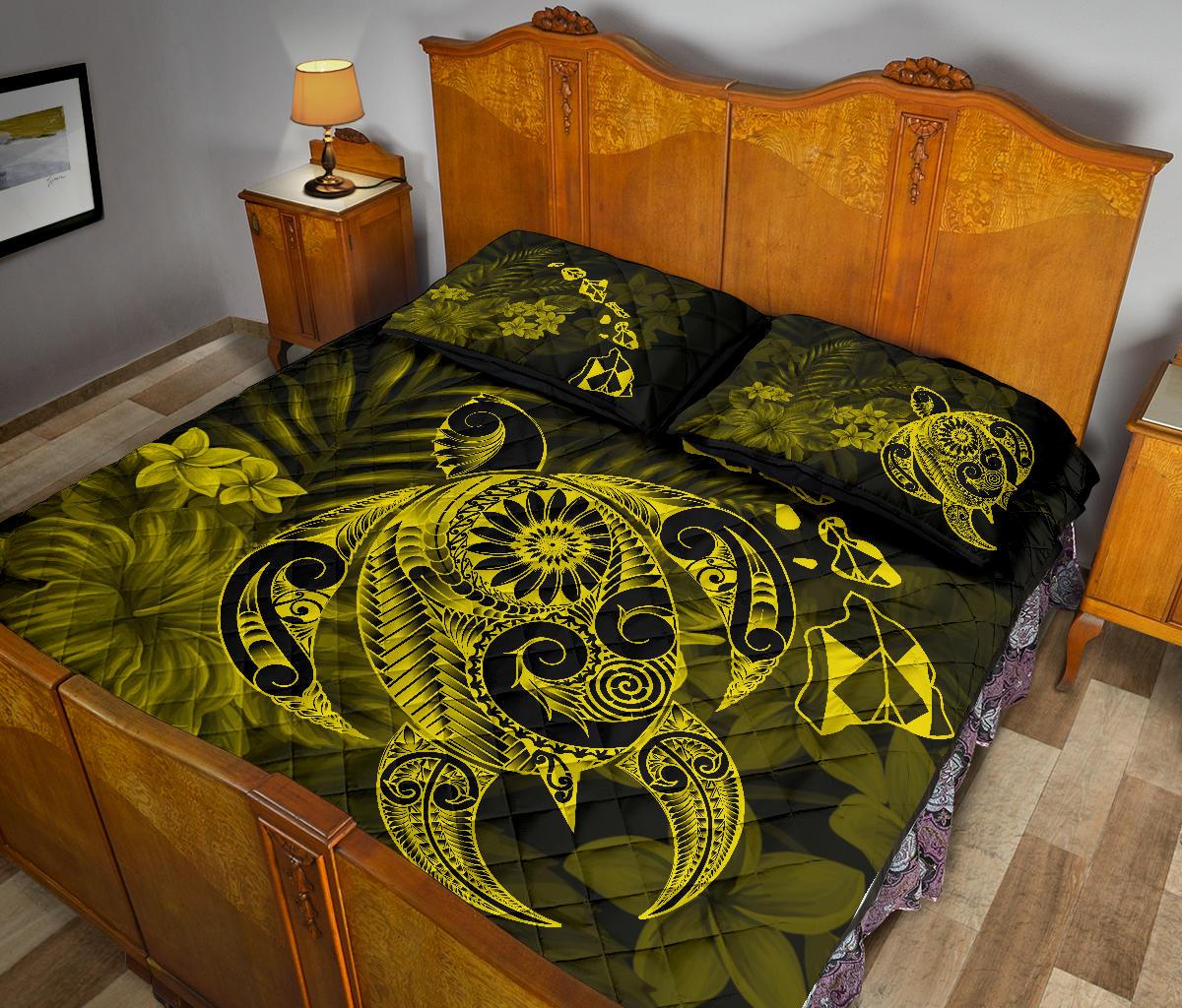 Hawaii Turtle Map Hibiscus Polynesian Yellow Quilt Bed Set - Polynesian Pride