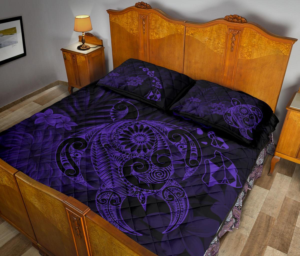 Hawaii Turtle Map Hibiscus Polynesian Purple Quilt Bed Set - Polynesian Pride