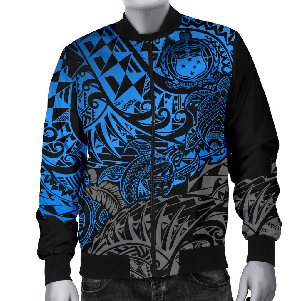 Samoa Polynesian Bomber Jacket (Men) - Blue Turtle Flowing - Polynesian Pride