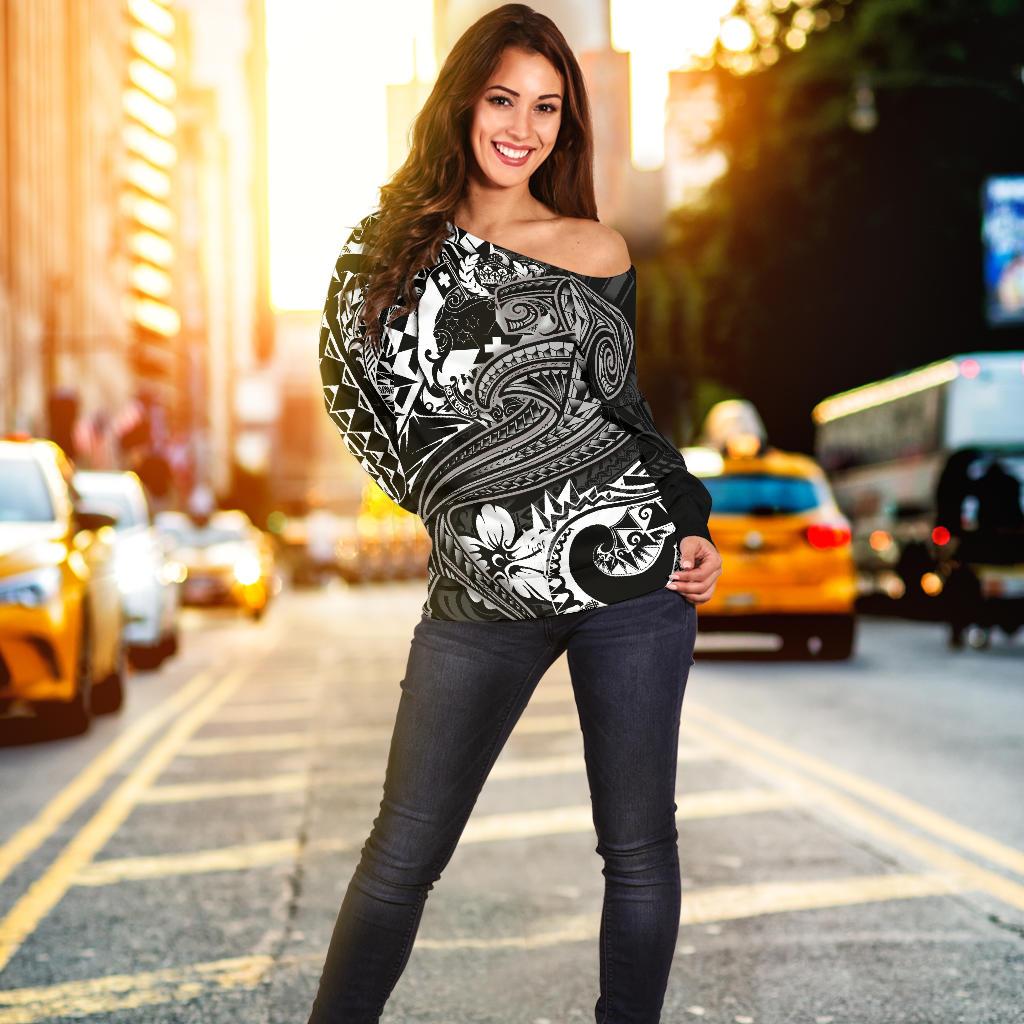 Tonga Women's Off shoulder Sweater - White Shark Polynesian Tattoo - Polynesian Pride