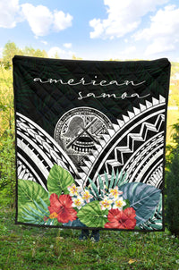 American Samoa Premium Quilt - American Samoa Coat of Arms & Polynesian Tropical Flowers White - Polynesian Pride