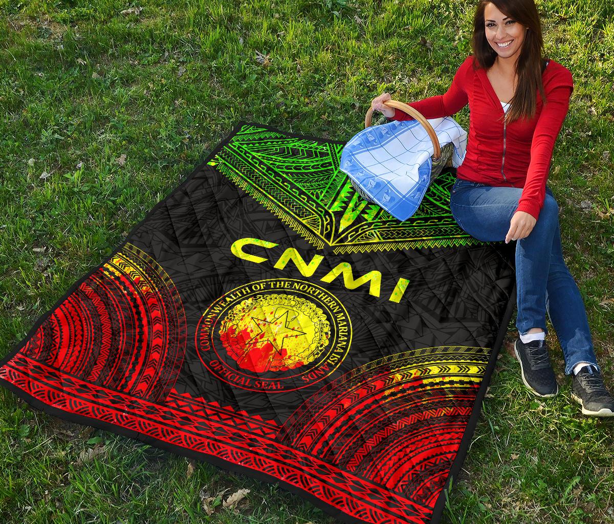 Northern Mariana Islands Premium Quilt - CNMI Seal Polynesian Chief Reggae Version - Polynesian Pride