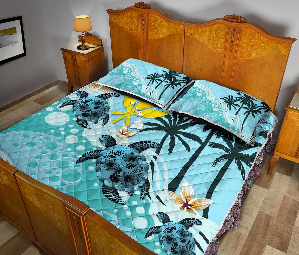 Kanaka Maoli (Hawaiian) Quilt Bed Set - Blue Turtle Hibiscus - Polynesian Pride