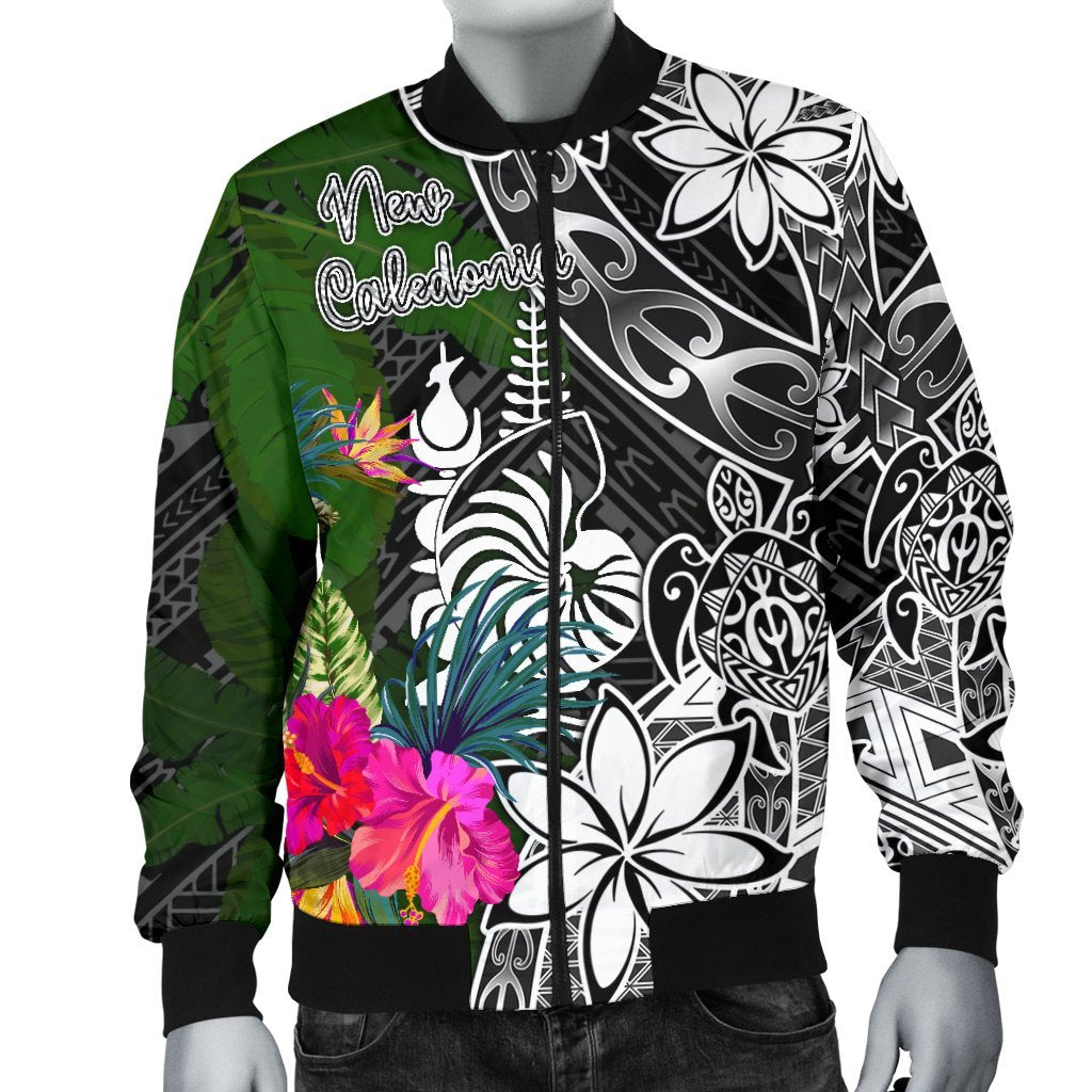 New Caledonia Men Bomber Jacket - Turtle Plumeria Banana Leaf Crest - Polynesian Pride