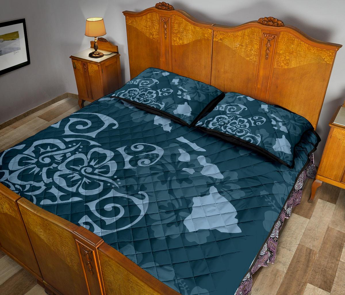 Hawaii Quilt Bed Set - Turtle Hibiscus Map Blue Quilt Bed Set - Polynesian Pride
