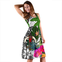 Vanuatu Midi Dress White - Turtle Plumeria Banana Leaf - Polynesian Pride