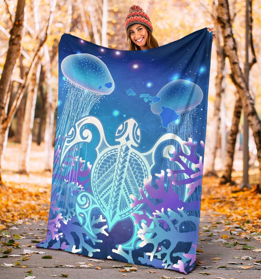 Hawaii Turtle Jellyfish Coral Galaxy Premium Blankets - Polynesian Pride