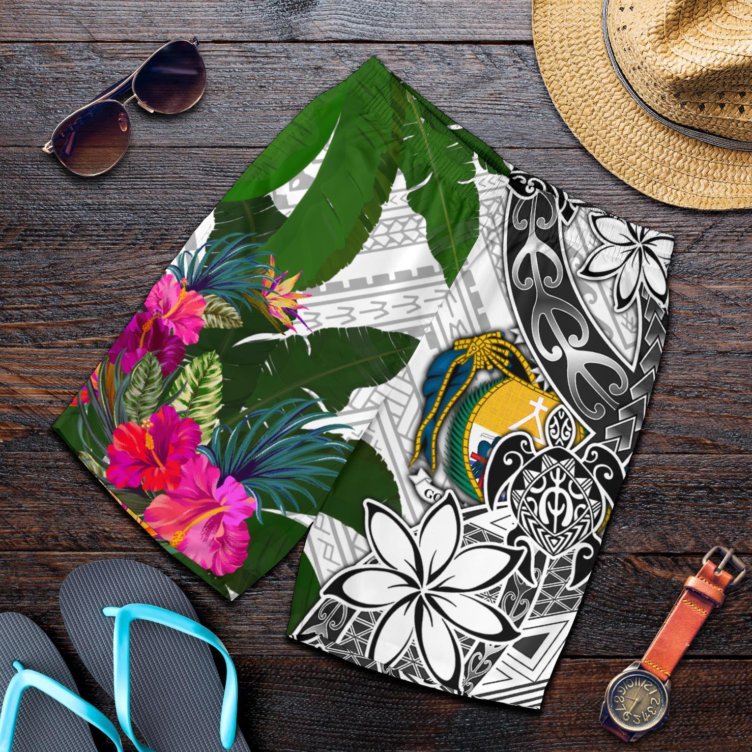 Nauru Men's Short White - Turtle Plumeria Banana Leaf Crest - Polynesian Pride