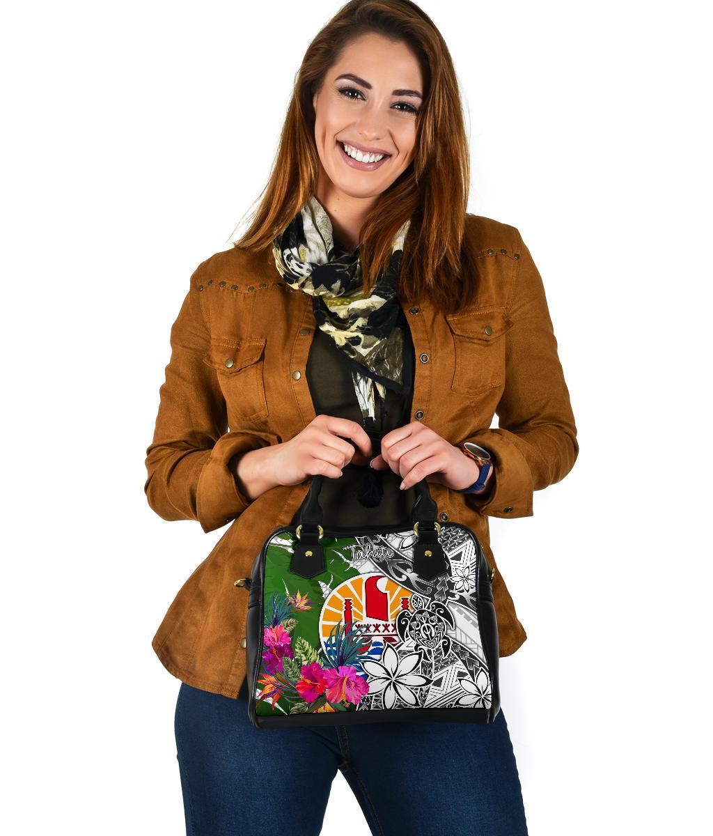 Tahiti Shoulder Handbag White - Turtle Plumeria Banana Leaf - Polynesian Pride