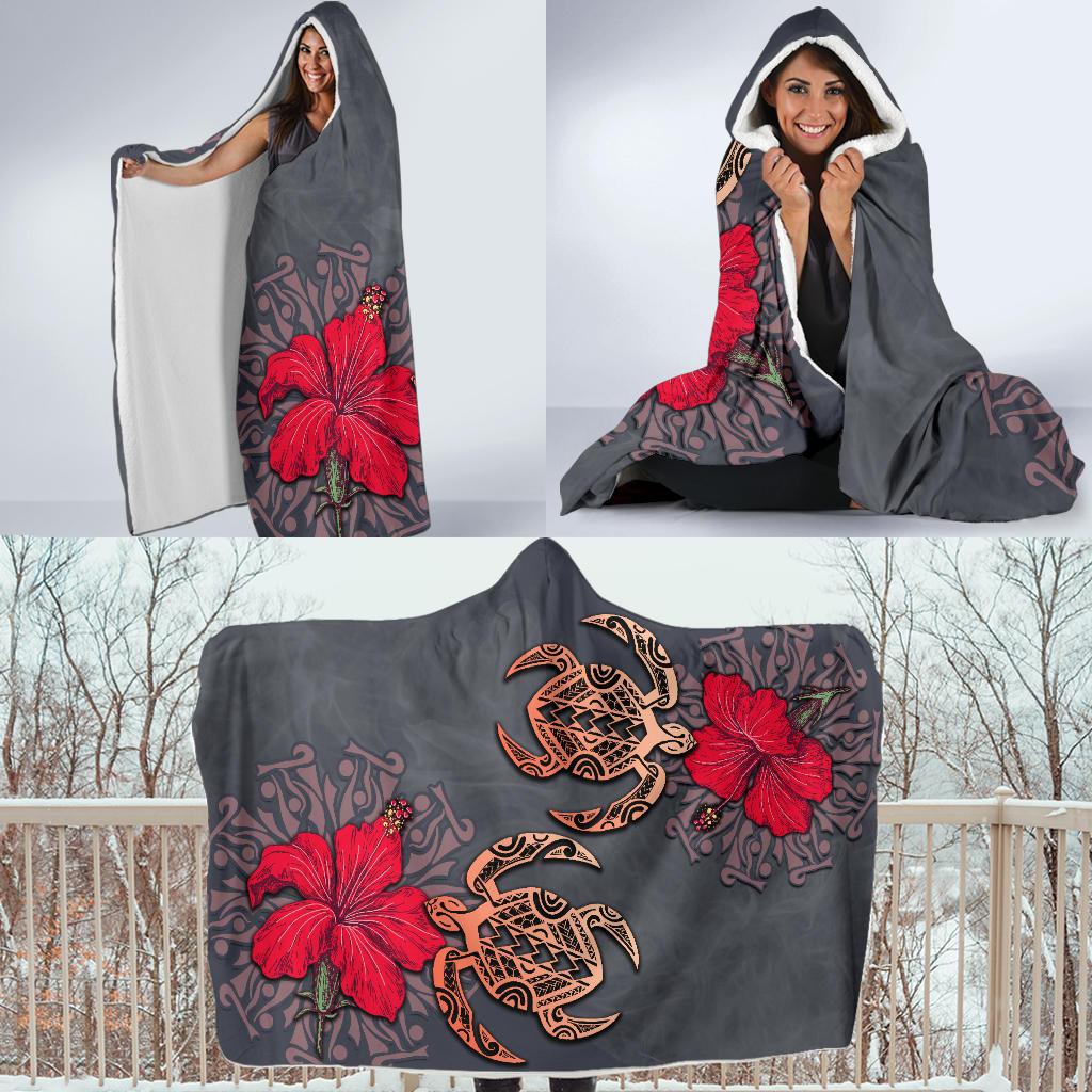 Hawaii Turtle Hibiscus Polynesian Hooded Blanket - Khoi Style - AH - Polynesian Pride