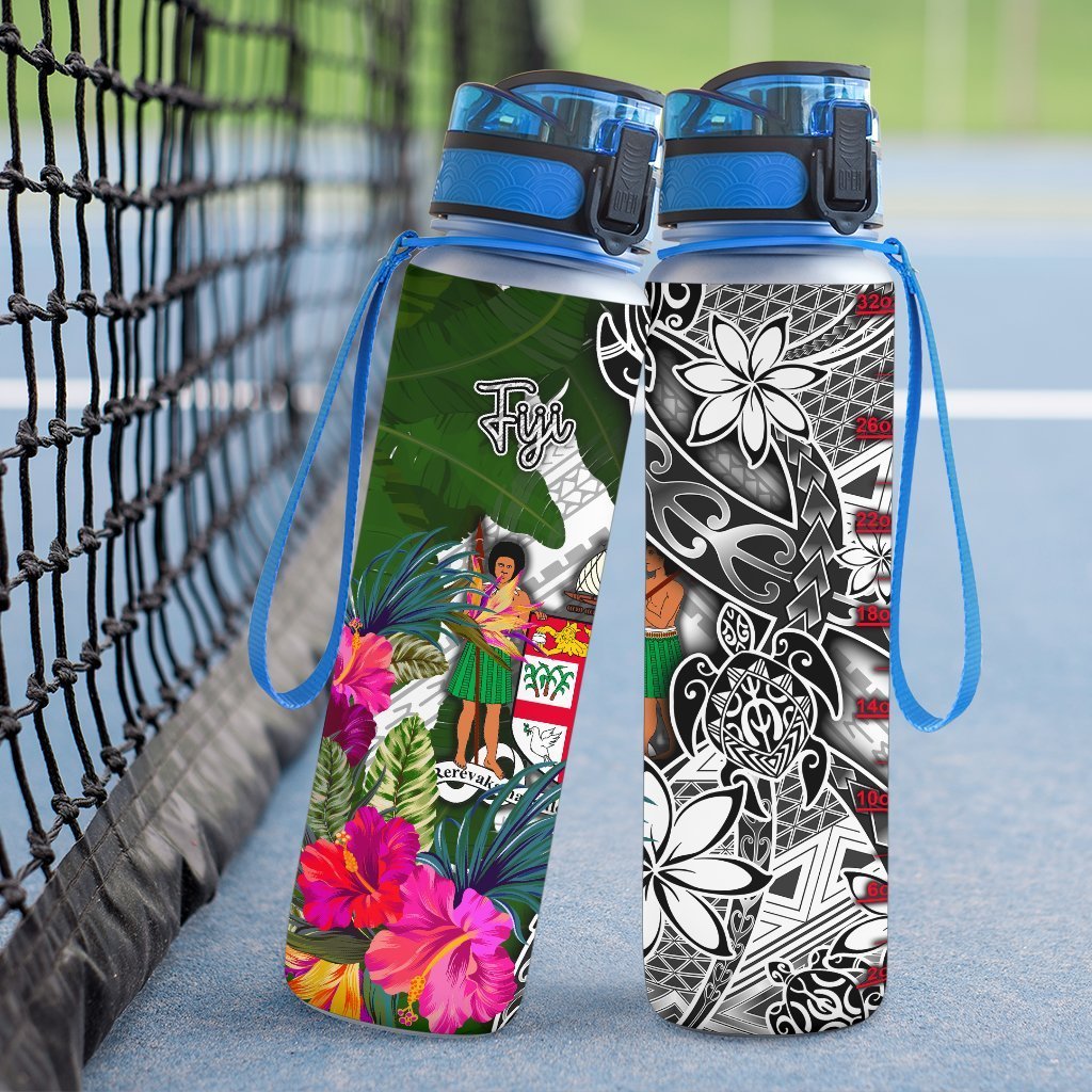 Fiji Hydro Tracking Bottle White - Turtle Plumeria Banana Leaf Crest - Polynesian Pride