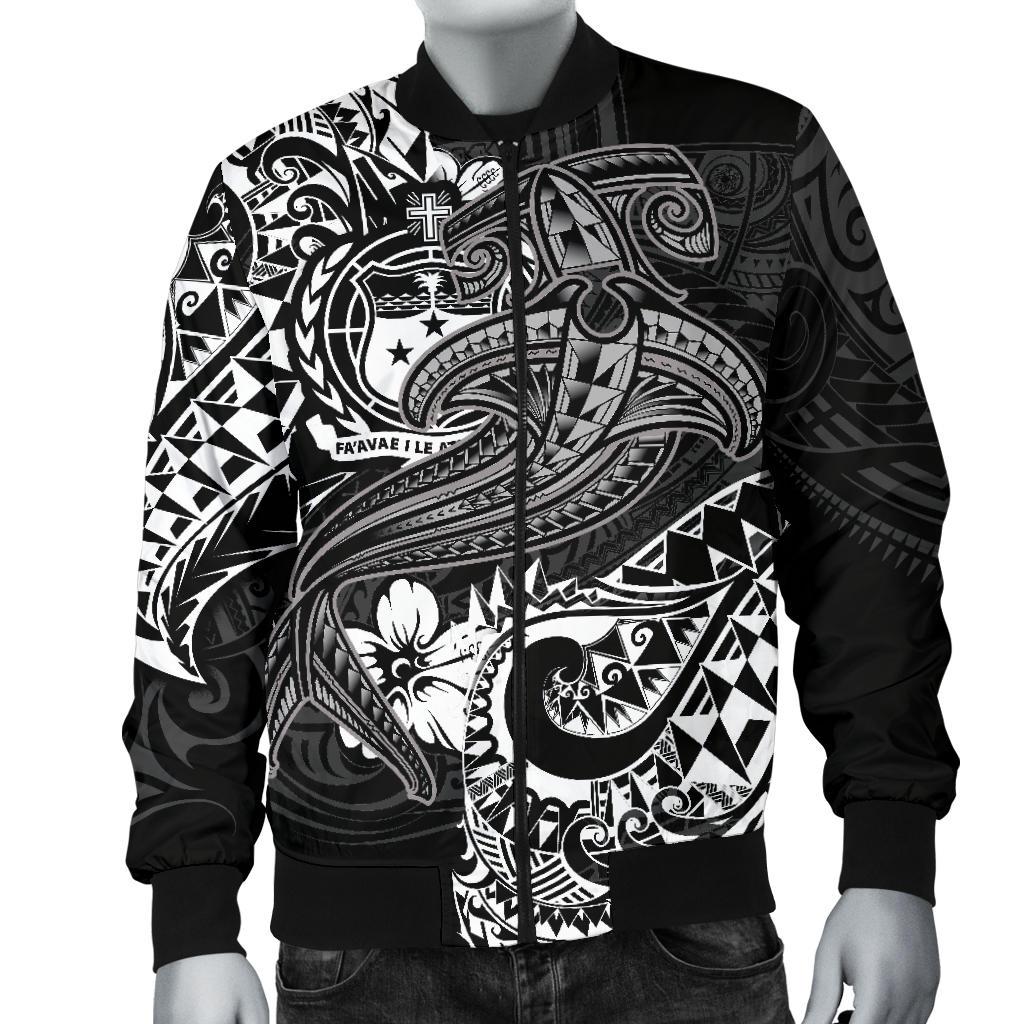 Samoa Men's Bomber Jacket - White Shark Polynesian Tattoo - Polynesian Pride