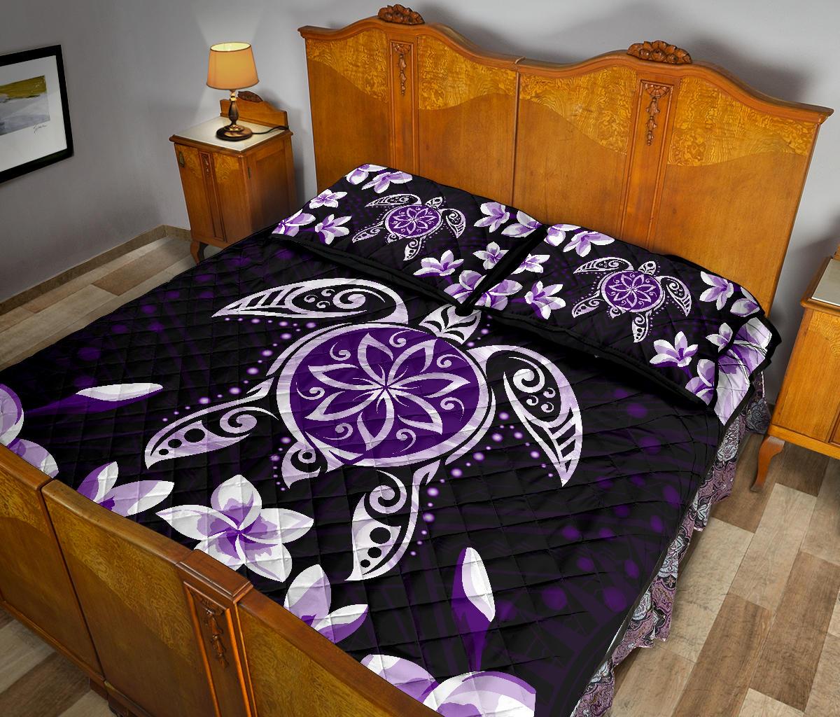 Hawaiian Violet Turtle Plumeria Quilt Bed Set - Polynesian Pride