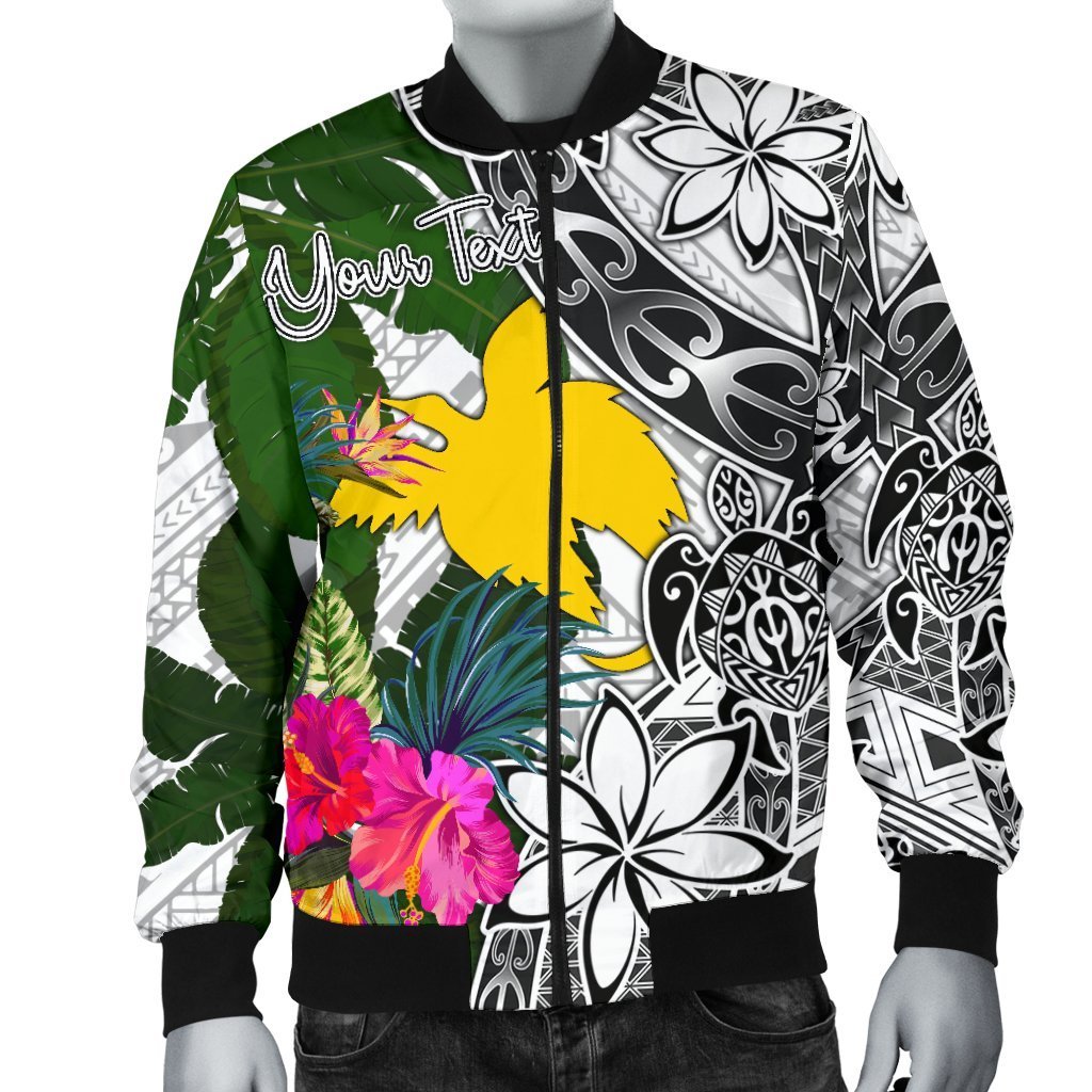 Papua New Guinea Custom Personalised Men's Bomber Jacket White - Turtle Plumeria Banana Leaf - Polynesian Pride