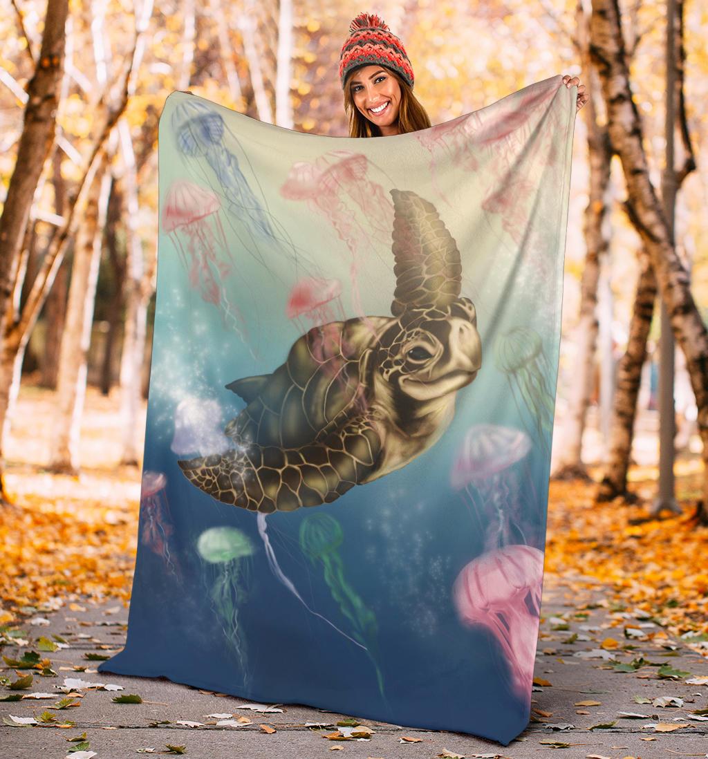 Hawaii Turtle And Jellyfish In Deep Sea Moana Premium Blanket - Polynesian Pride