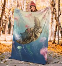 Hawaii Turtle And Jellyfish In Deep Sea Moana Premium Blanket - Polynesian Pride