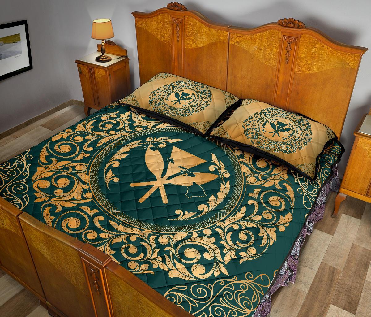 Hawaii Vintage Tribal Map Kanaka Quilt Bed Set - AH - Green - Polynesian Pride