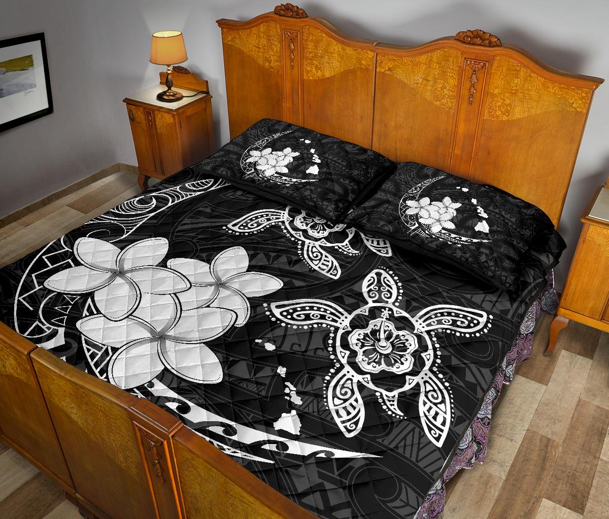 Hawaii Polynesian Turtle Plumeria Quilt Bed Set - Pog Style White - Polynesian Pride
