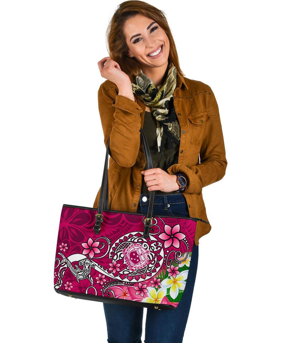 Samoa Large Leather Tote Bag - Turtle Plumeria (Pink) - Polynesian Pride