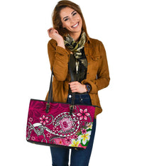 Samoa Large Leather Tote Bag - Turtle Plumeria (Pink) - Polynesian Pride