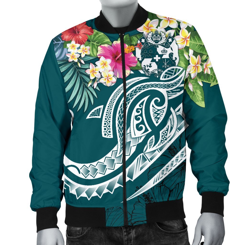 Tonga Polynesian Men's Bomber Jacket - Summer Plumeria (Turquoise) - Polynesian Pride