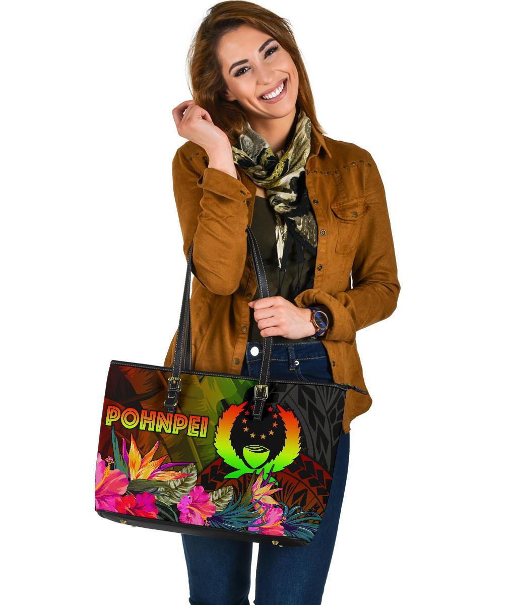 Pohnpei Polynesian Large Leather Tote Bag - Hibiscus and Banana Leaves - Polynesian Pride