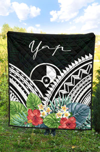 Yap Premium Quilt - Yap Coat of Arms & Polynesian Tropical Flowers White - Polynesian Pride