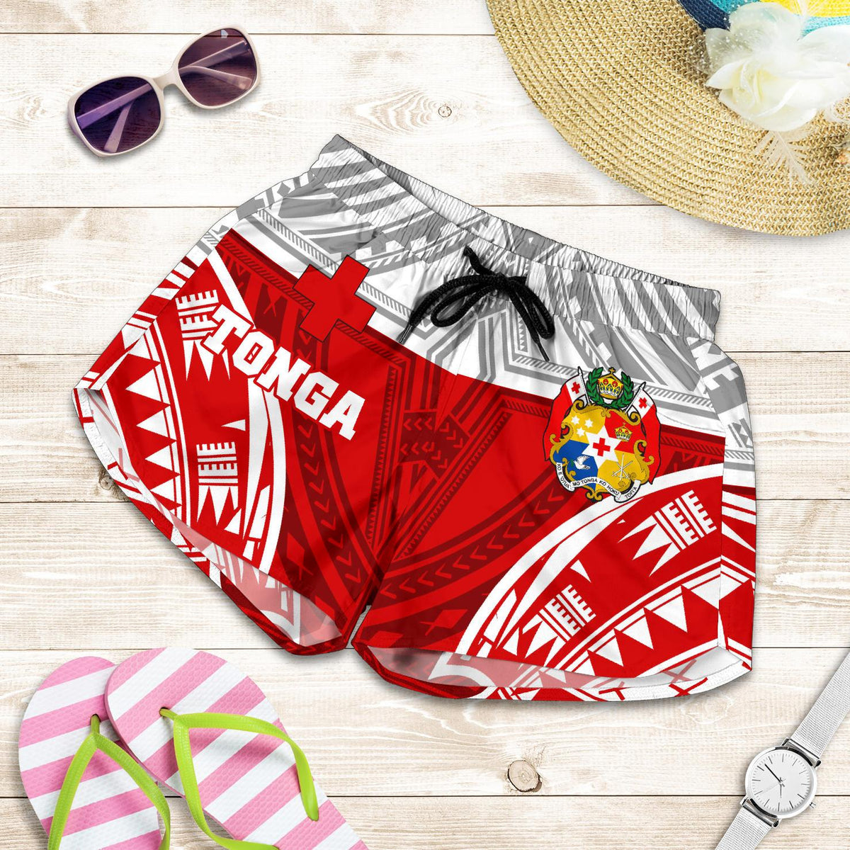 Tonga Polynesian Women's Shorts - Pattern With Seal Red Version - Polynesian Pride
