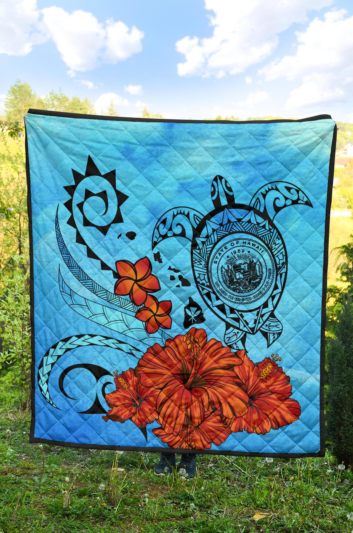 Hawaiian Map Kanaka Sea Turtle Seal Of Hawaii Hibiscus Plumeria Polynesian Quilt - Polynesian Pride
