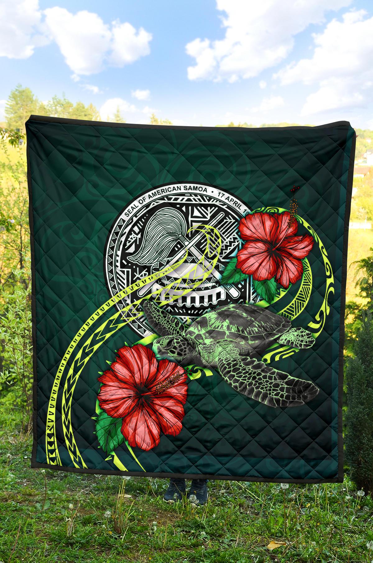 American Samoa Polynesian Premium Quilt - Green Turtle Hibiscus - Polynesian Pride