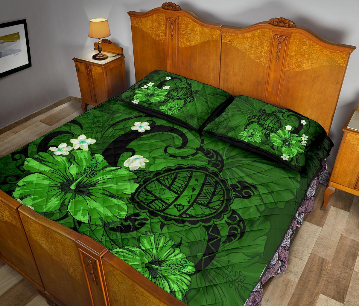 Hawaii Turtle Poly Tribal Quilt Bed Set - Green - Polynesian Pride