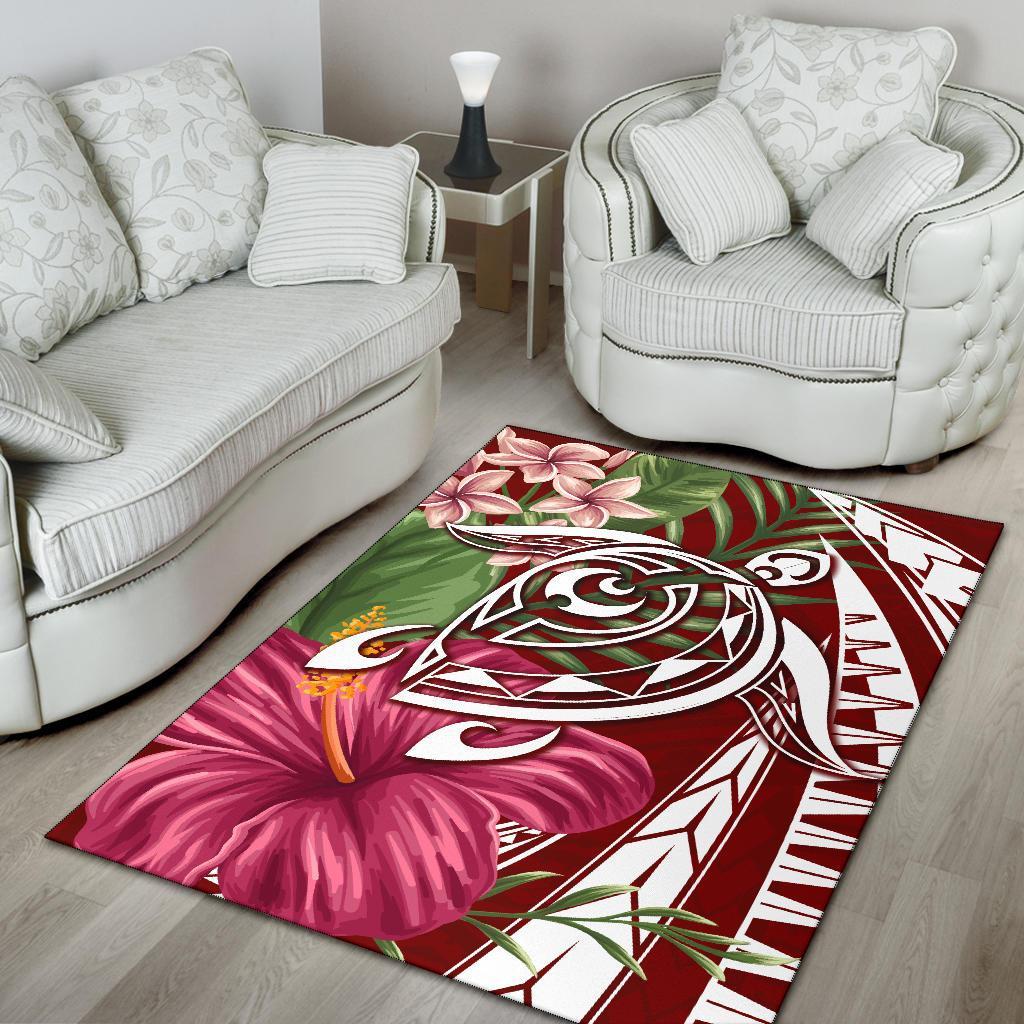 Hawaii Polynesian Turtle Tropical Hibiscus Plumeria Rug - Red - Polynesian Pride