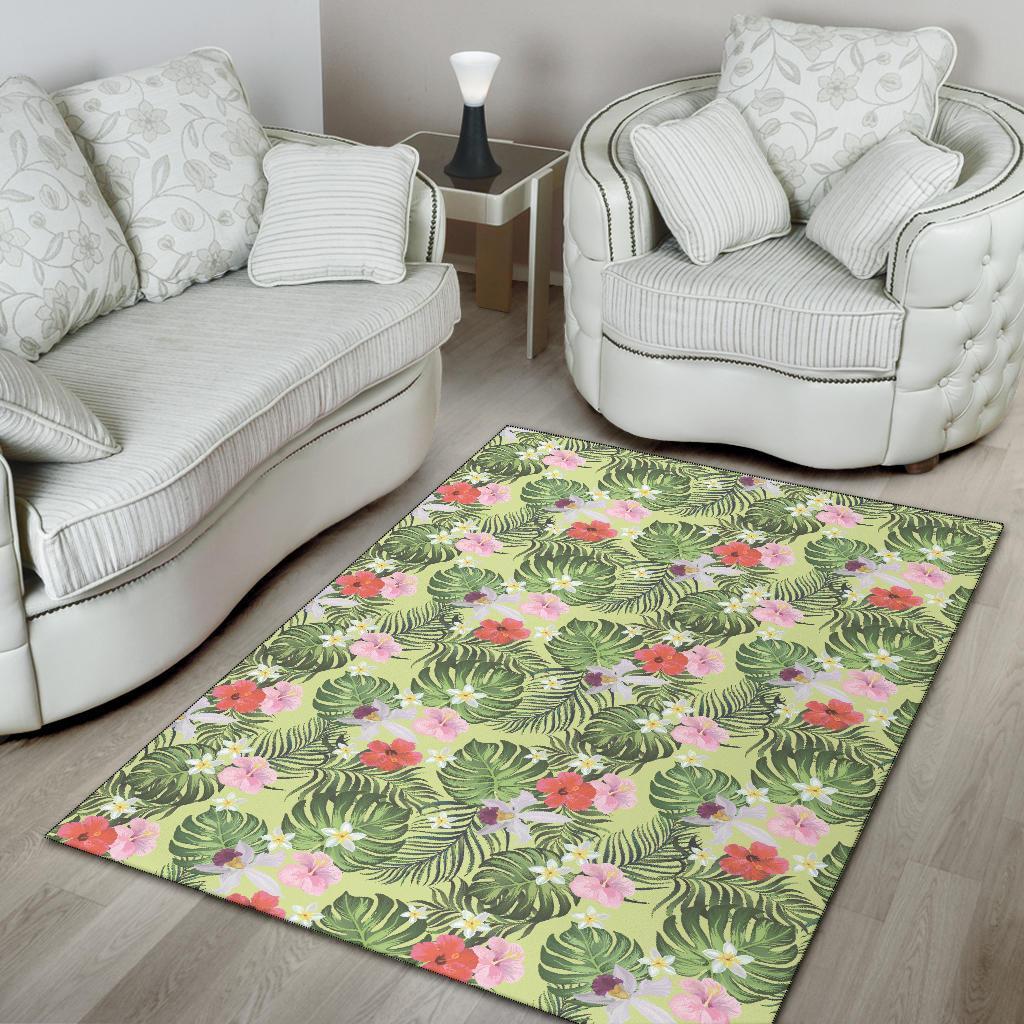 Tropical Hibiscus, Plumeria Green Rug - Polynesian Pride