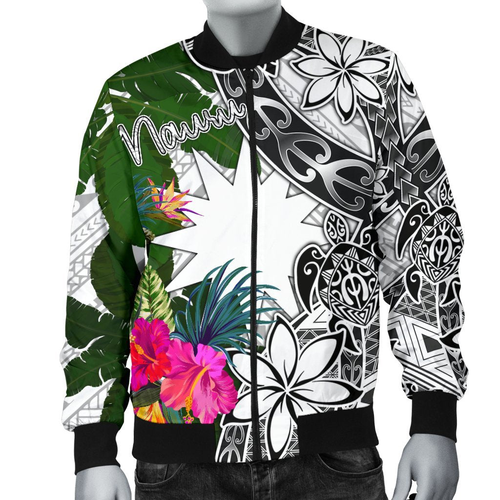 Nauru Men's Bomber Jacket White - Turtle Plumeria Banana Leaf - Polynesian Pride