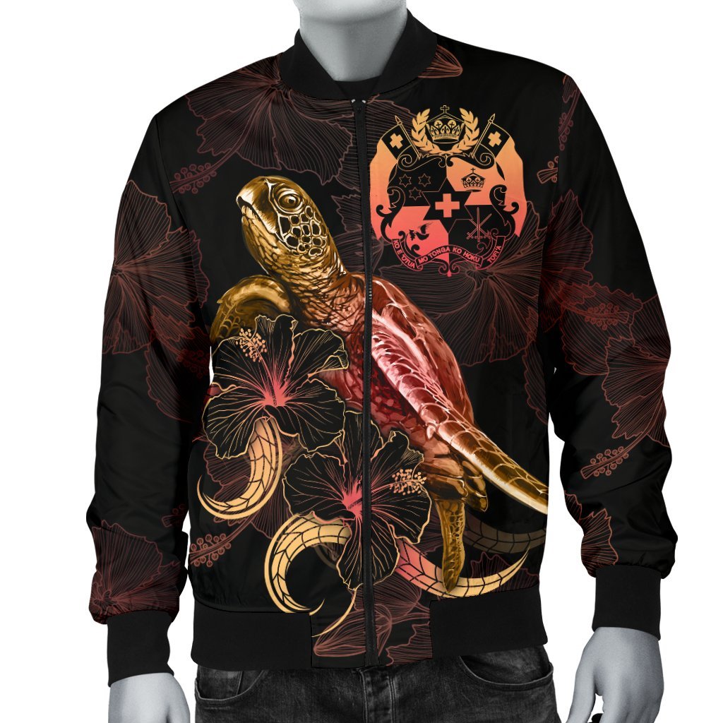Tonga Polynesian Men's Bomber Jacket - Turtle With Blooming Hibiscus Gold - Polynesian Pride