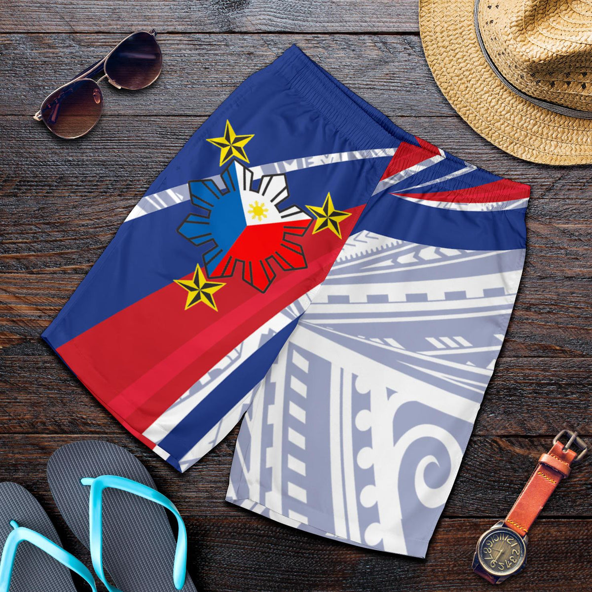 Philippines Men's Shorts - Polynesian Pattern With Flag - Polynesian Pride