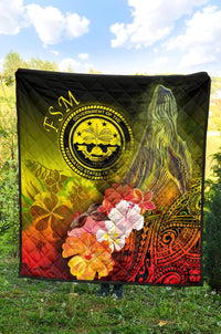 Federated States of Micronesia Premium Quilts - Humpback Whale with Tropical Flowers (Yellow) - Polynesian Pride