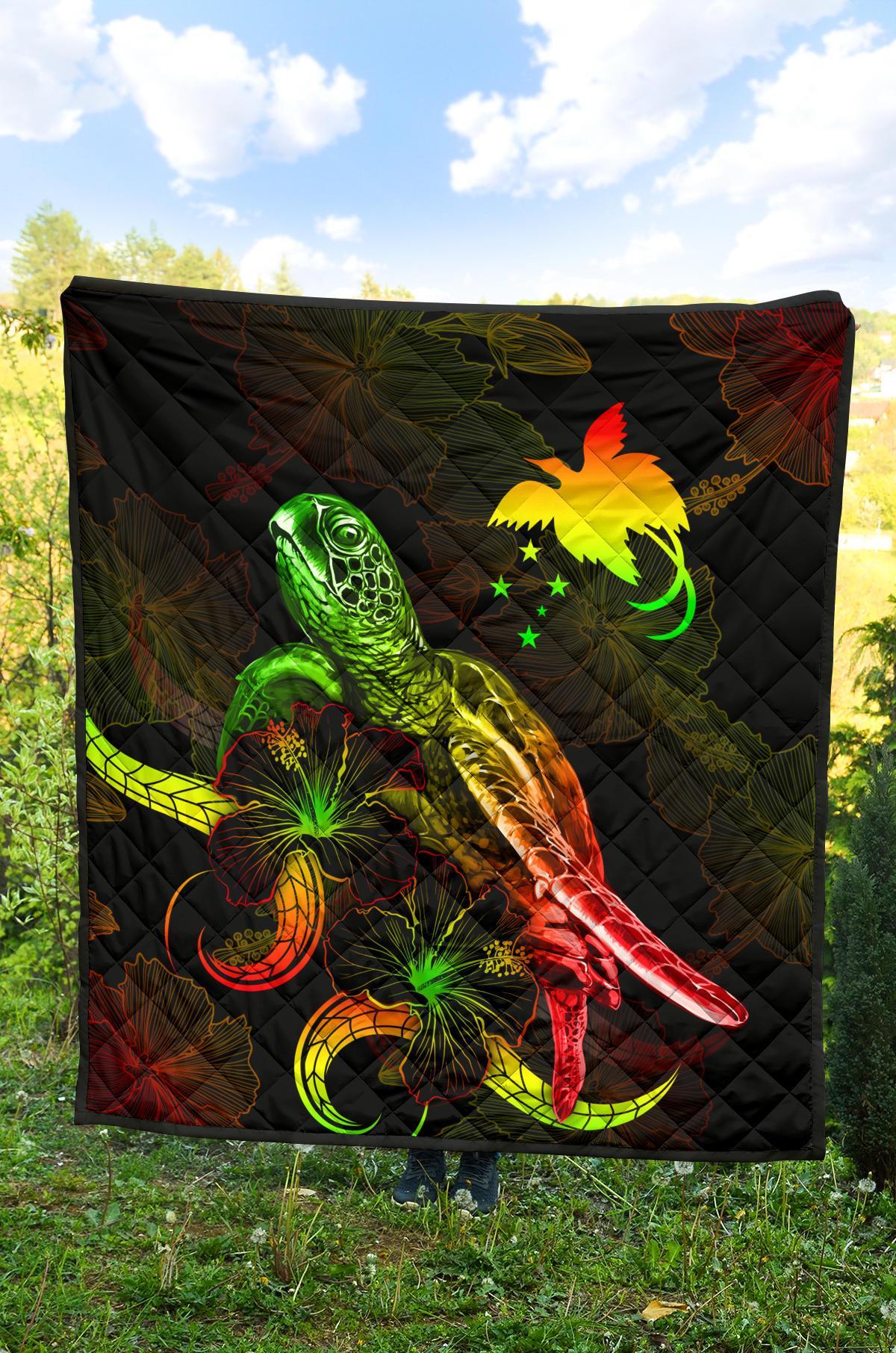 Papua New Guinea Polynesian Premium Quilt - Turtle With Blooming Hibiscus Reggae - Polynesian Pride
