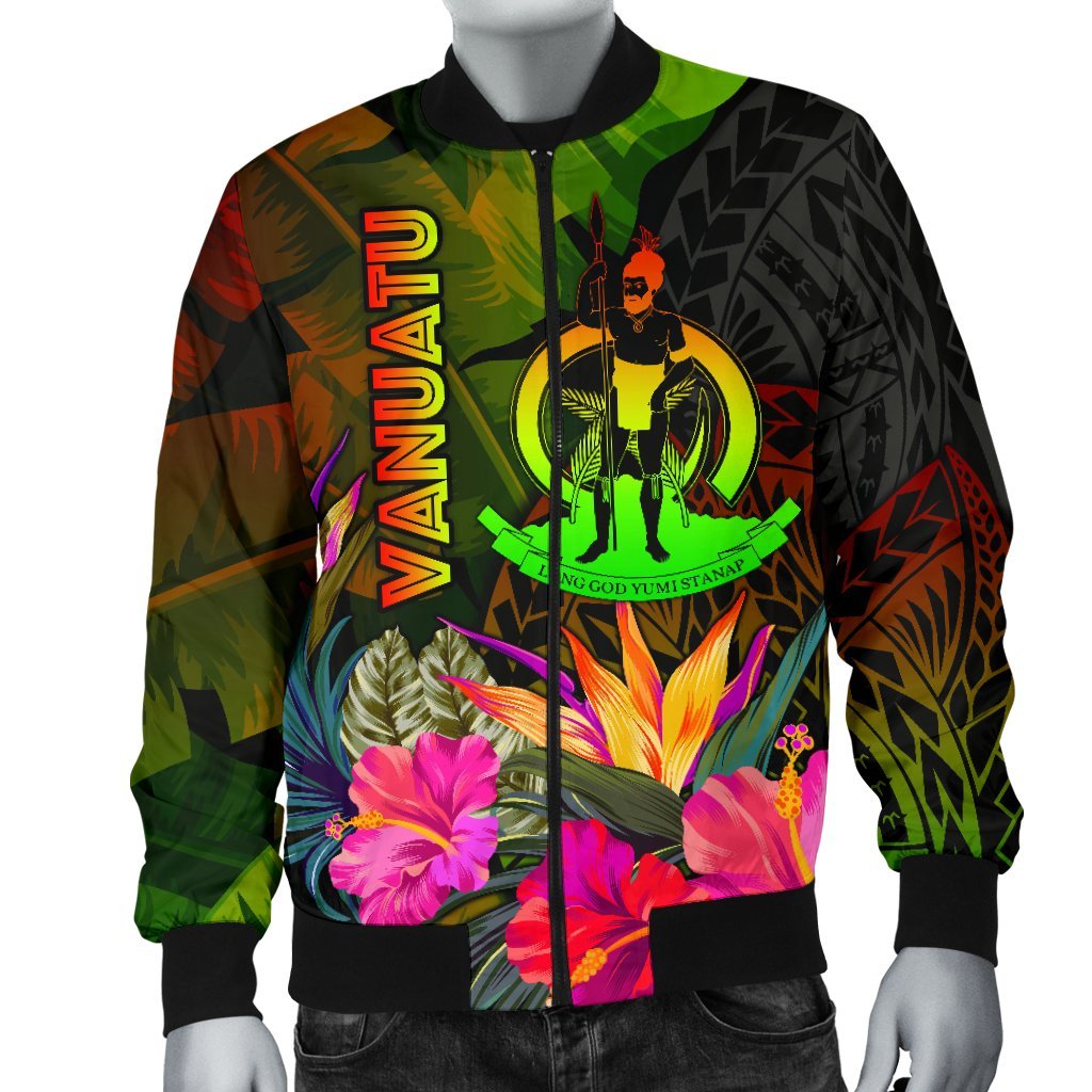 Vanuatu Polynesian Men's Bomber Jacket - Hibiscus and Banana Leaves - Polynesian Pride