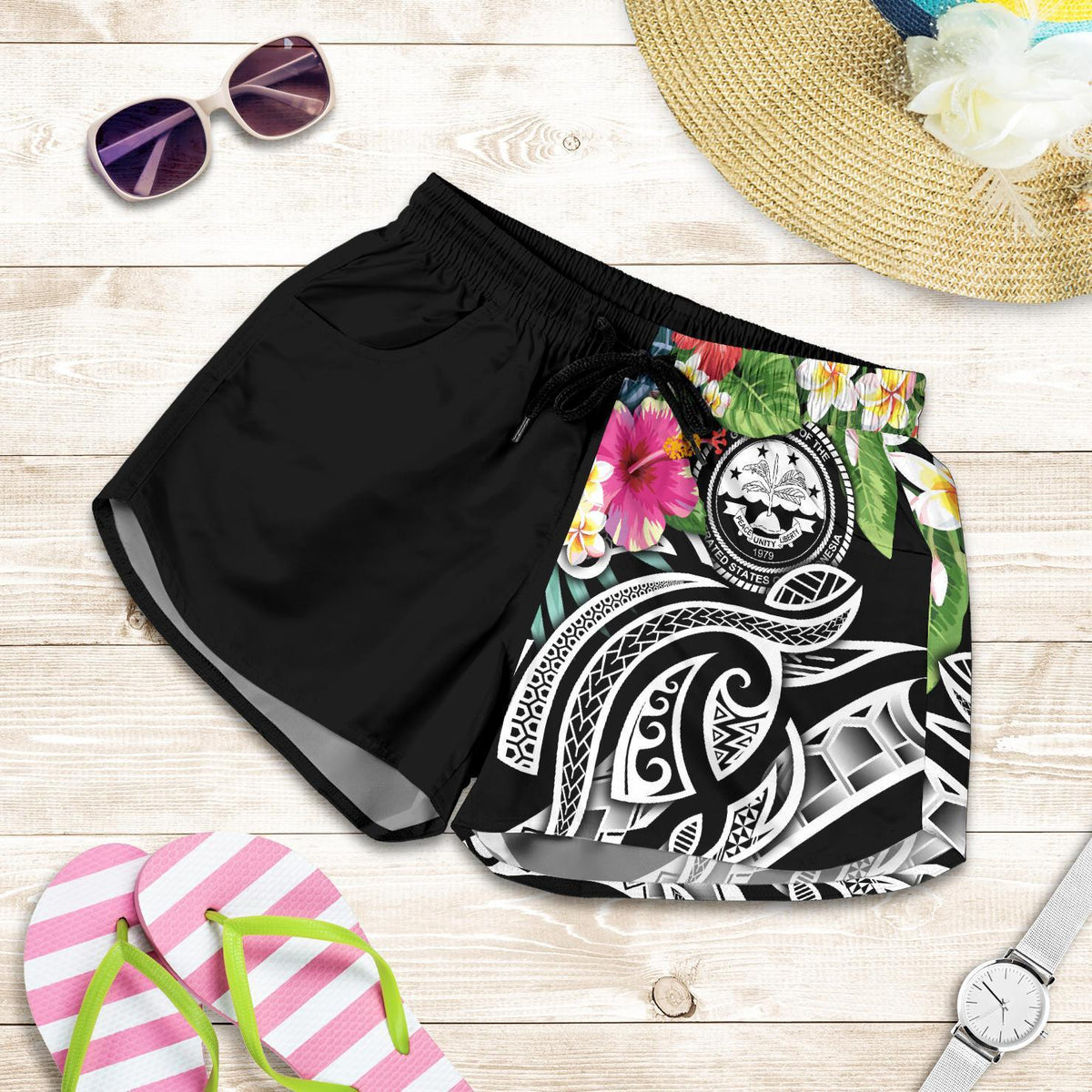 FSM Polynesian Women's Shorts - Summer Plumeria (Black) Women Black - Polynesian Pride
