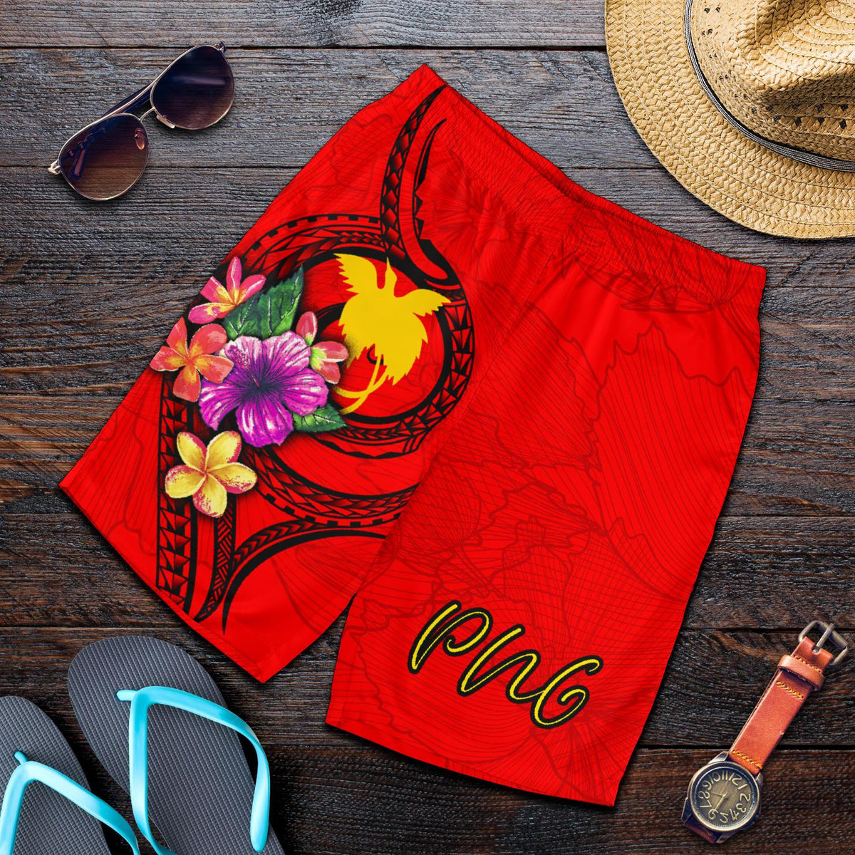 Papua New Guinea Polynesian Men's Shorts - Floral With Seal Red - Polynesian Pride