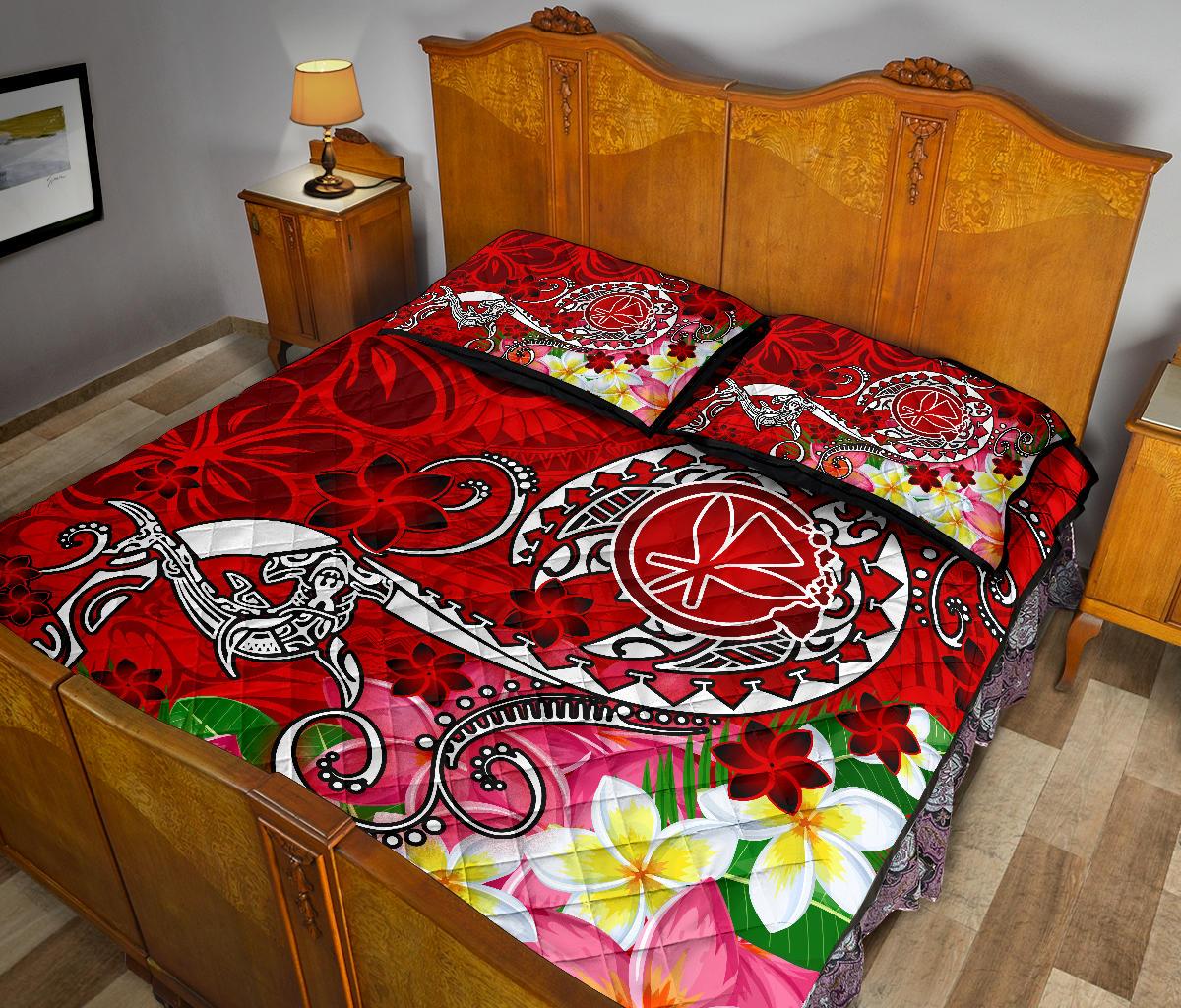 Hawaii Quilt Bed Set - Turtle Plumeria Polynesian Tattoo Red Color - Polynesian Pride